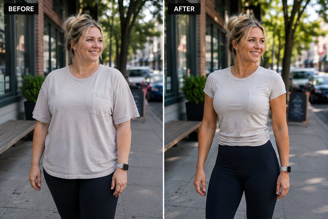 Woman before and after PhysiqueAI toned and sculpted enhancement